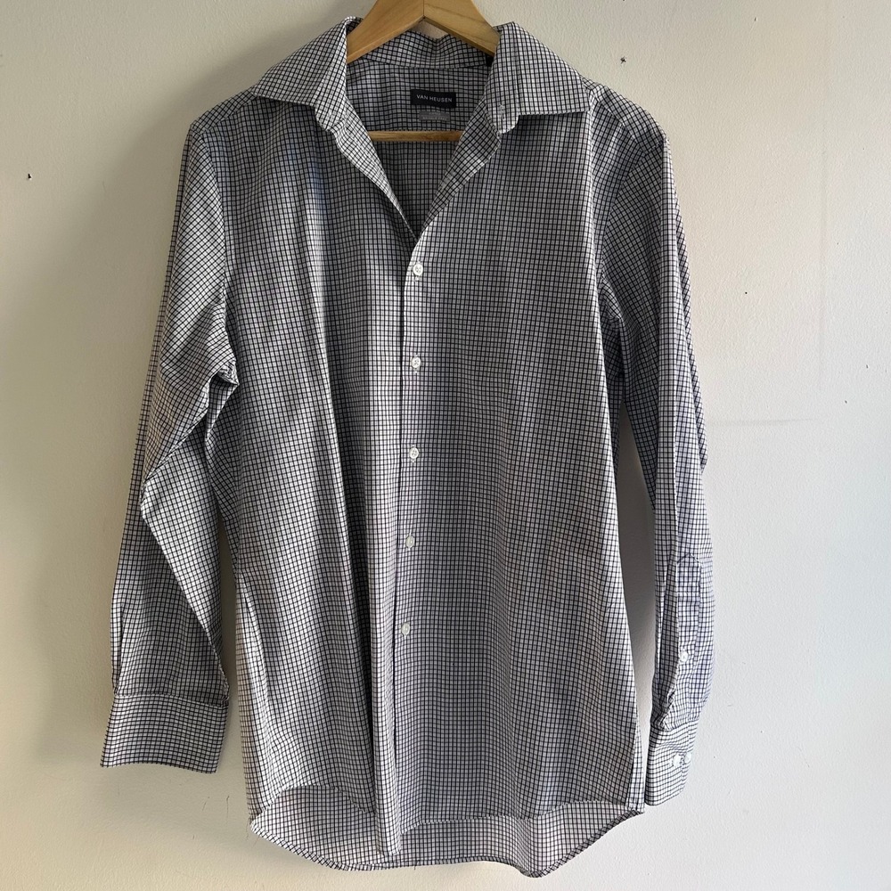 Van Heusen Dress Shirt Mens 15 32/33 Black White Fitted Wrinkle Free Check‎